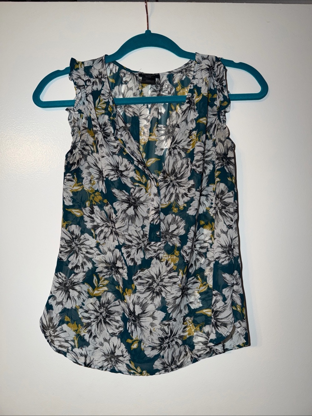 Ann Taylor floral Sleeveless V-Neck tank Top in Teal and White size XXSP